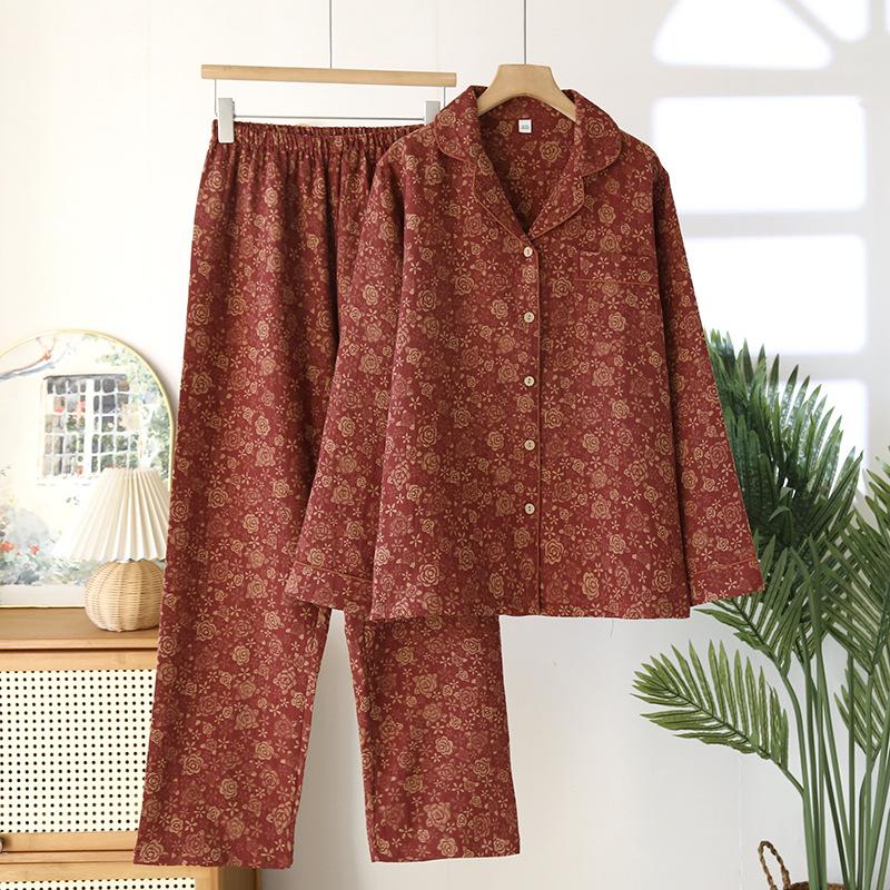 Yarn-dyed Floral Cotton Lapel Cardigan Long Sleeve Retro Home Clothes Set