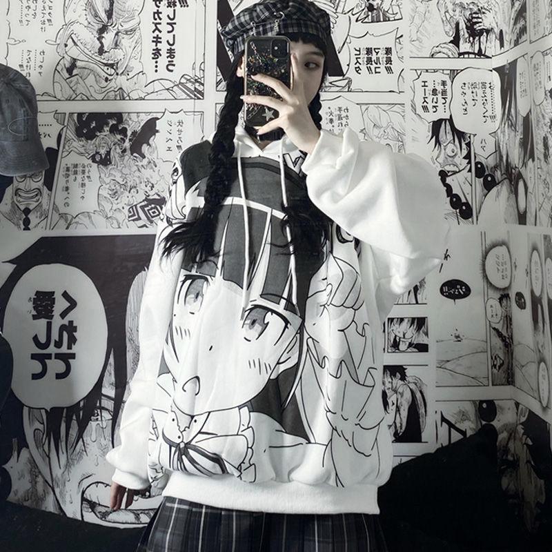 Japansk Anime-hettegenser Høstklær Dame Genser Motetrykk Langermede topper Løs varm fløyel Plussstørrelse damegenser