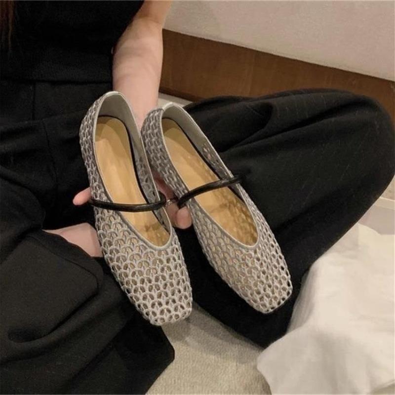 New Style Designer Fabric Knitting Flat Shoes Woman Square Toe Cutout Summer Flats Ankle Belt Mary Janes Shoes Weaved Sandals