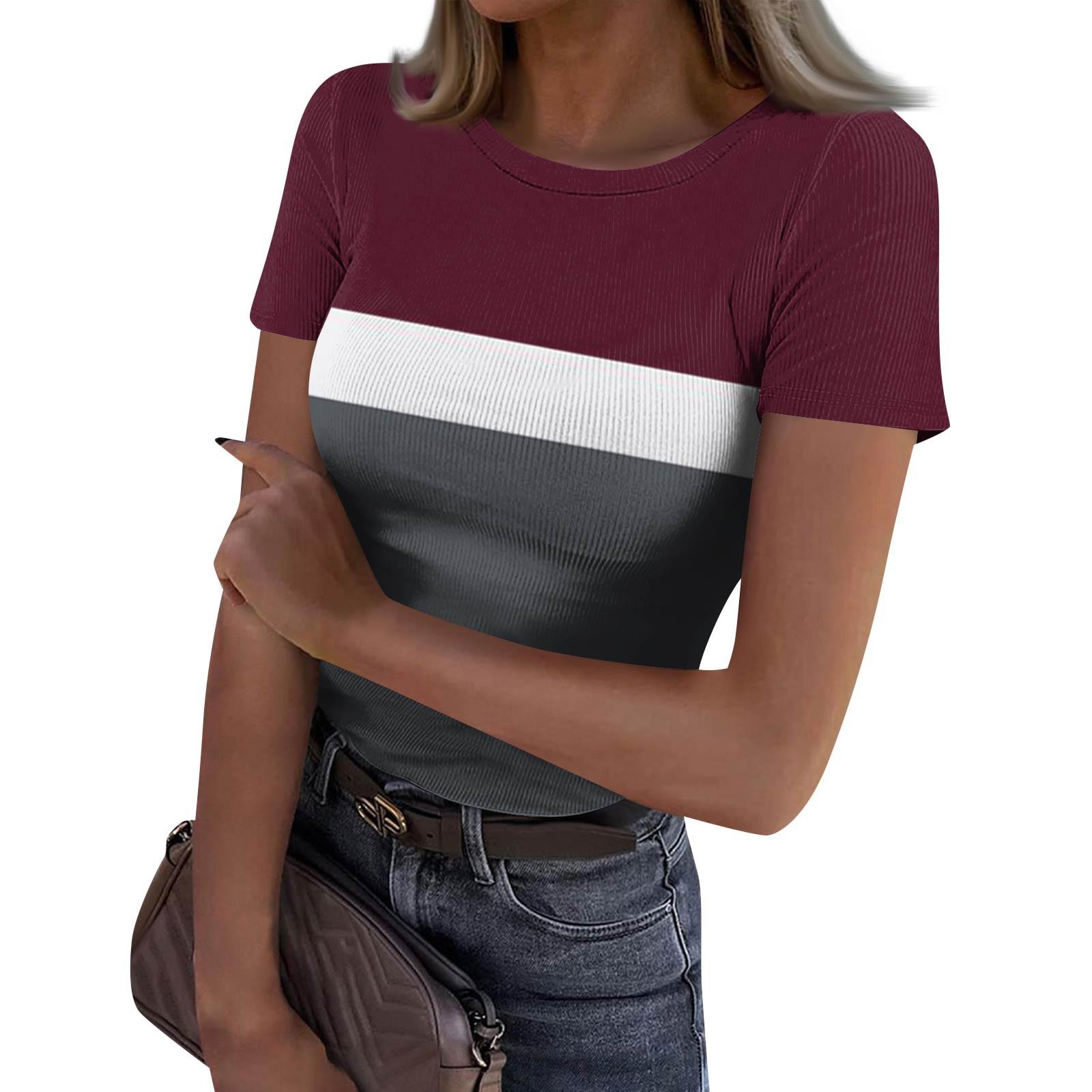 

Женская узкая футболка, модный повседневный свитер с круглым вырезом и коротким рукавом XL винный