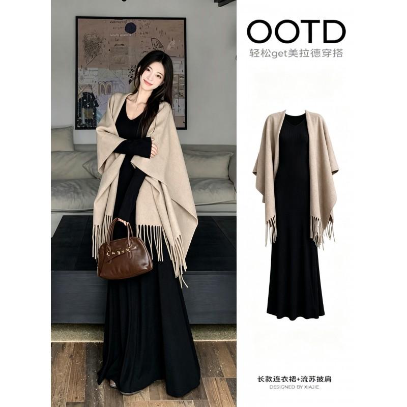 Damen Strick V-Ausschnitt Langes Kleid Mit Passendem Schal Set - Schlanke Passform A-Linie Cardigan Rock Outfit Winter
