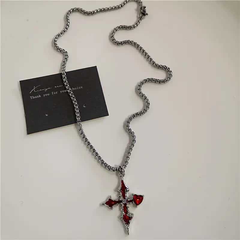 Gothic Punk Hip Hop Cross Necklace - Y2K Red Heart Thorn Chain Personalized Trendy Accessories