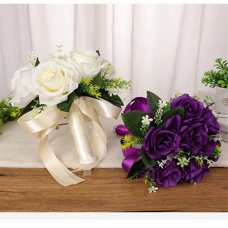 1pc Holding Flowers Artificial Natural Rose Wedding Bouquet With Silk Satin Ribbon Bridesmaid Bridal Party Wedding Accessories
