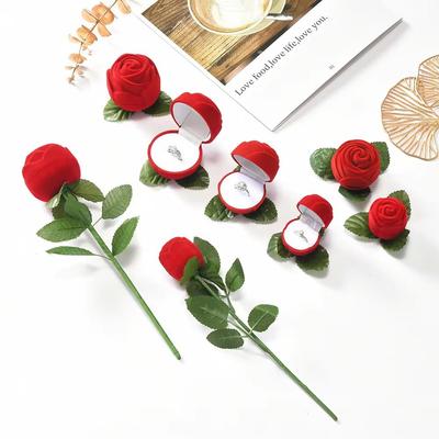 Red Velvet Rose Ring Box with Leaves Simulation Flower Rose To Ring Box Romantic Gimmick Flower Wedding Ring Box