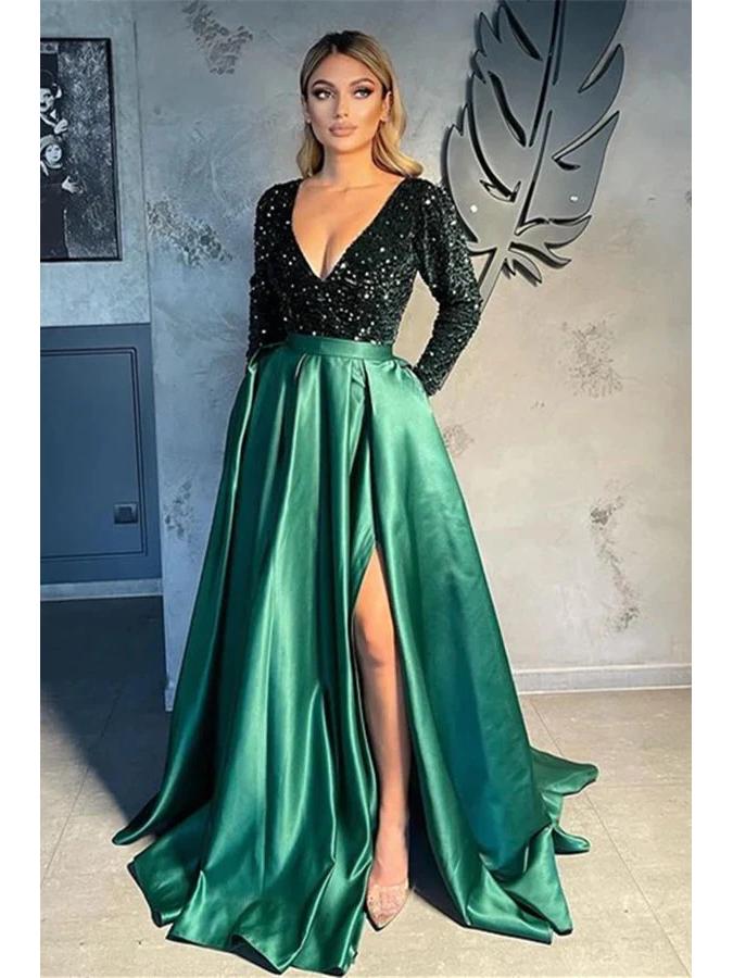Elegant One-Shoulder Long-Sleeve V-Neck Sequin Slit Evening Gown