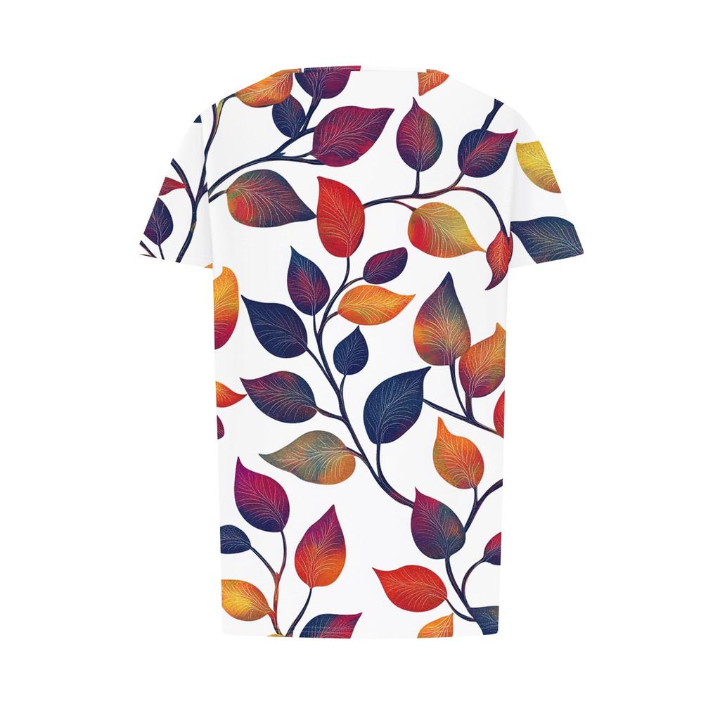 Women's Fashionable Casual Pleated Round Neck Striped Flower Printed Short Sleeved T Shirt Top