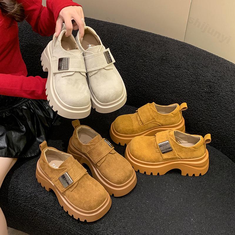 Fashion Women's Platform Loafers 2025 Autumn New Frosted Suede Round Toe Low Help Casual Shoes Comfortable Fashion Vintage Leather Shoes