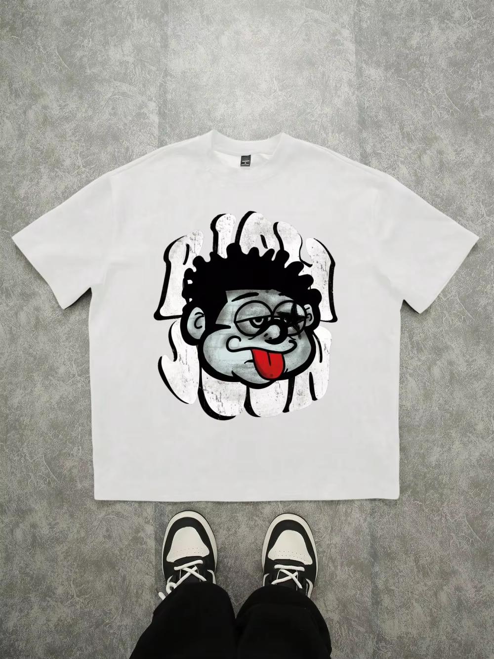 

100% Cotton Summer Street Tee Oversized Streetwear Vintage Funny Face & Red Text Print Black Loose Drop Shoulder Graphic T-Shirt 4XL