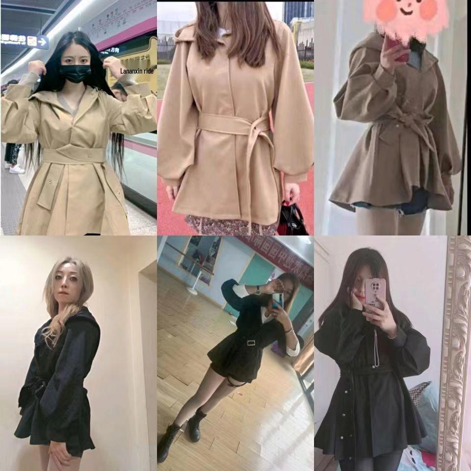 Women's Korean Chic Hooded Trench Coat with Lantern Sleeves - Spring & Autumn Casual British Style