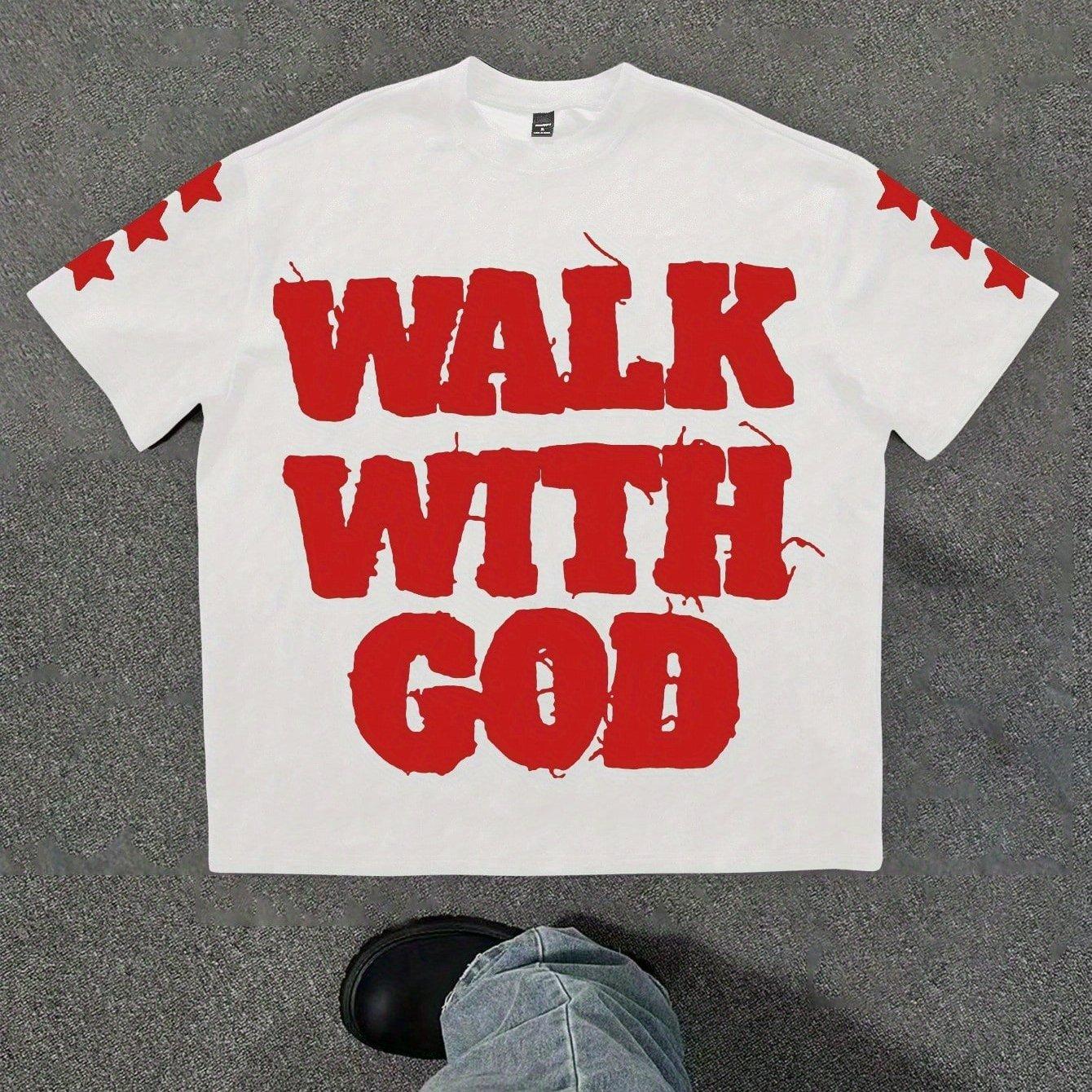 

American Men s White Casual Walking with God Slogan T-shirt Summer New Retro Fashion Men s and Women s Streetwear 4XL
