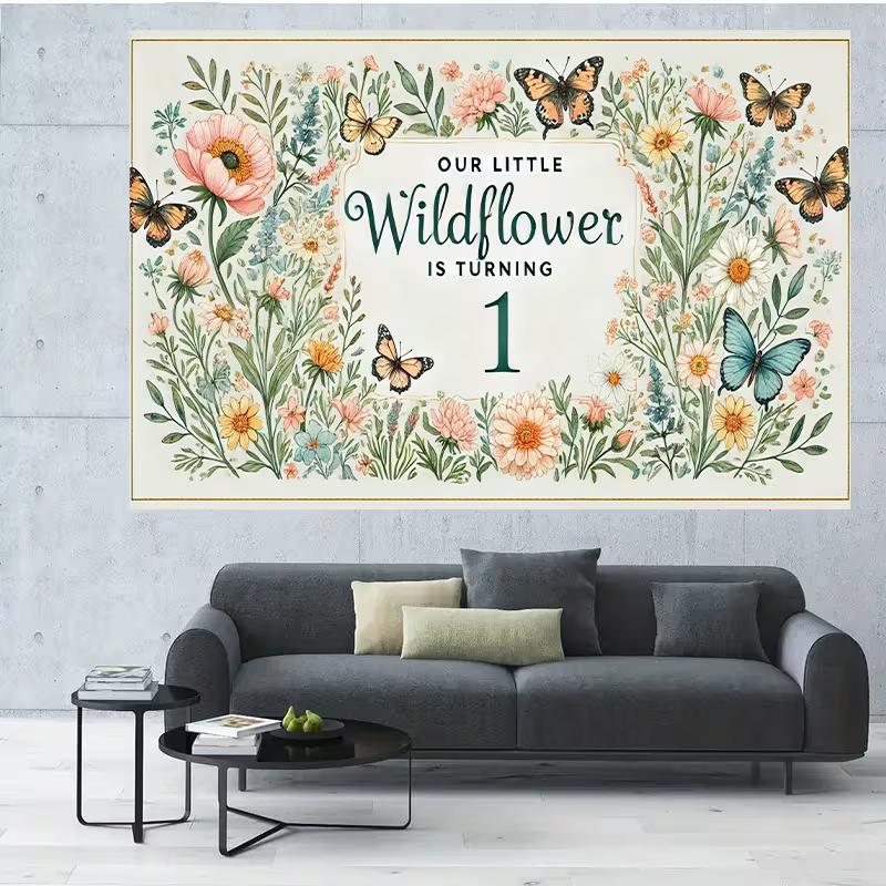 

2D Pastel Floral Butterfly 1st Birthday Tapestry Little Wildflower Party Background Cloth 47.2x31.5inch/120*80cm