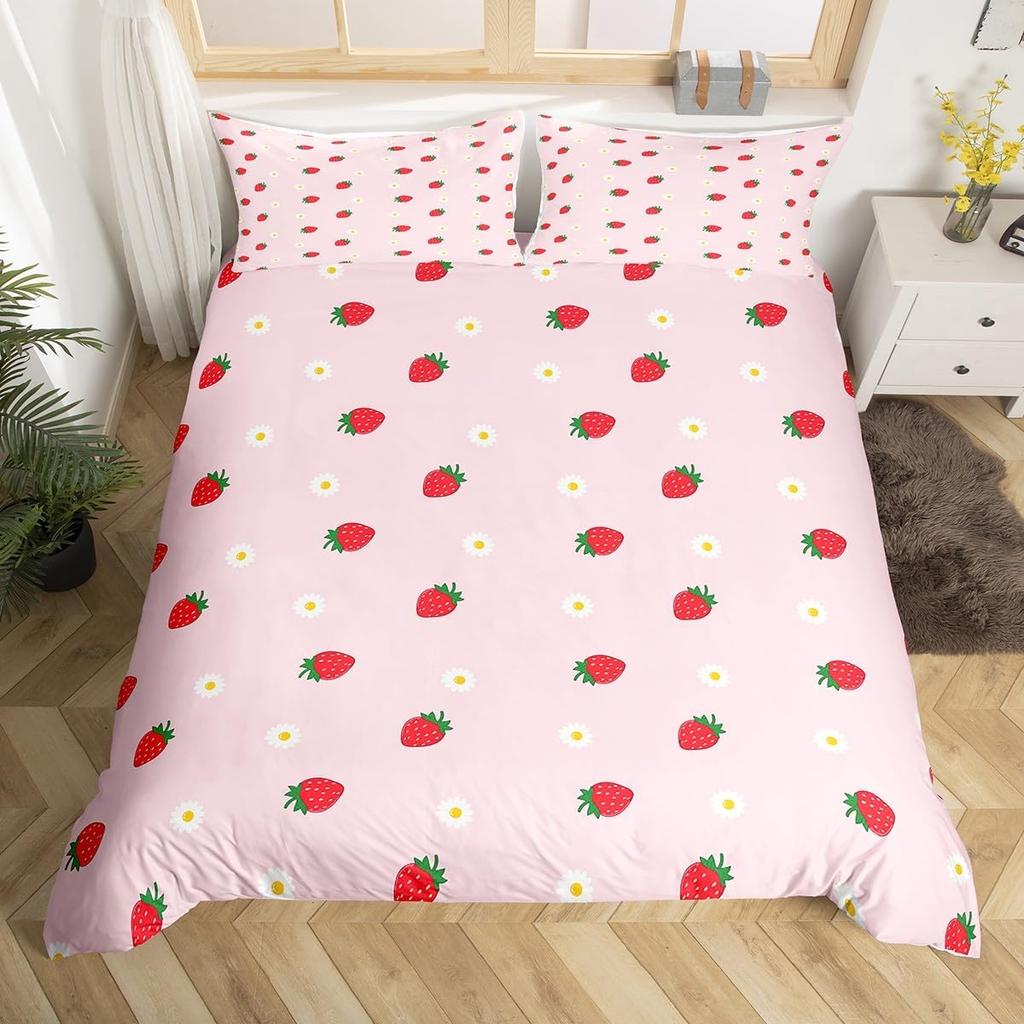 Cute Strawberry Duvet Cover Full King,Flower Leaves Tropical Fruit Bedding Set,Garden Rustic Plants Watercolor Chic Quilt Cover