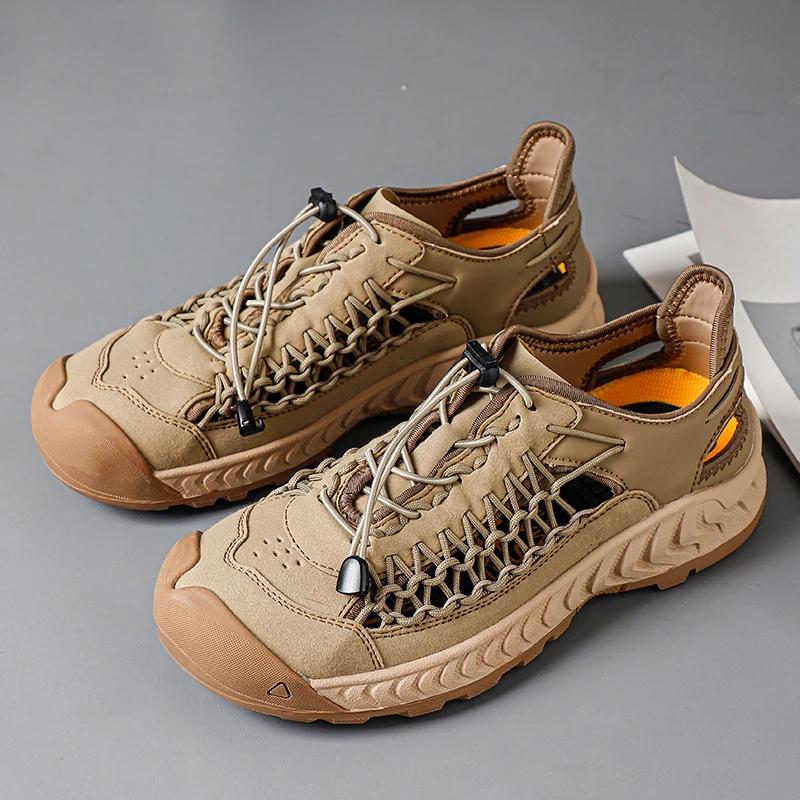 Fashion Casual Leather Men's Sandals New Wear-resistant Summer Flats Breathable Simple Men Beach Shoes Hollow Out Hand-stitching Sandaly