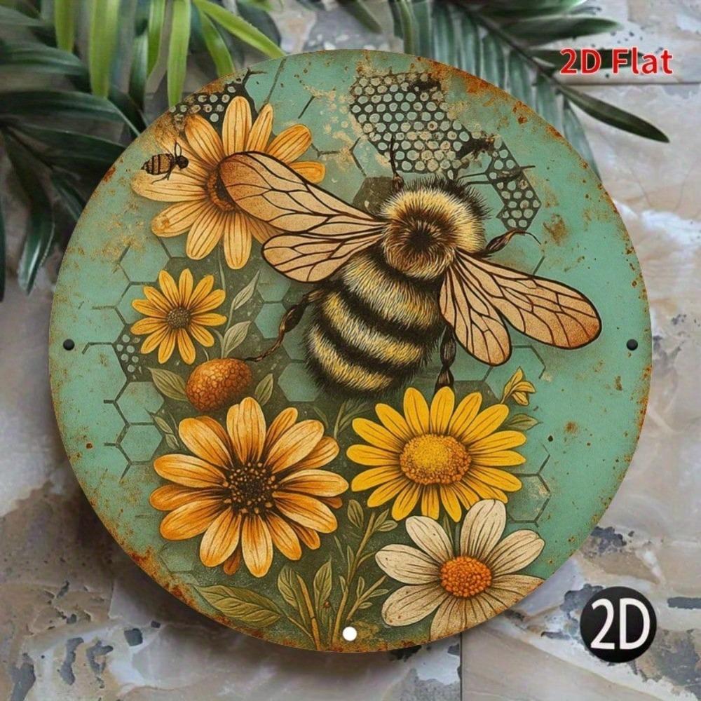 Rustic Bee Floral Round Metal Wall Art Vintage Green Distressed Honeycomb Decor