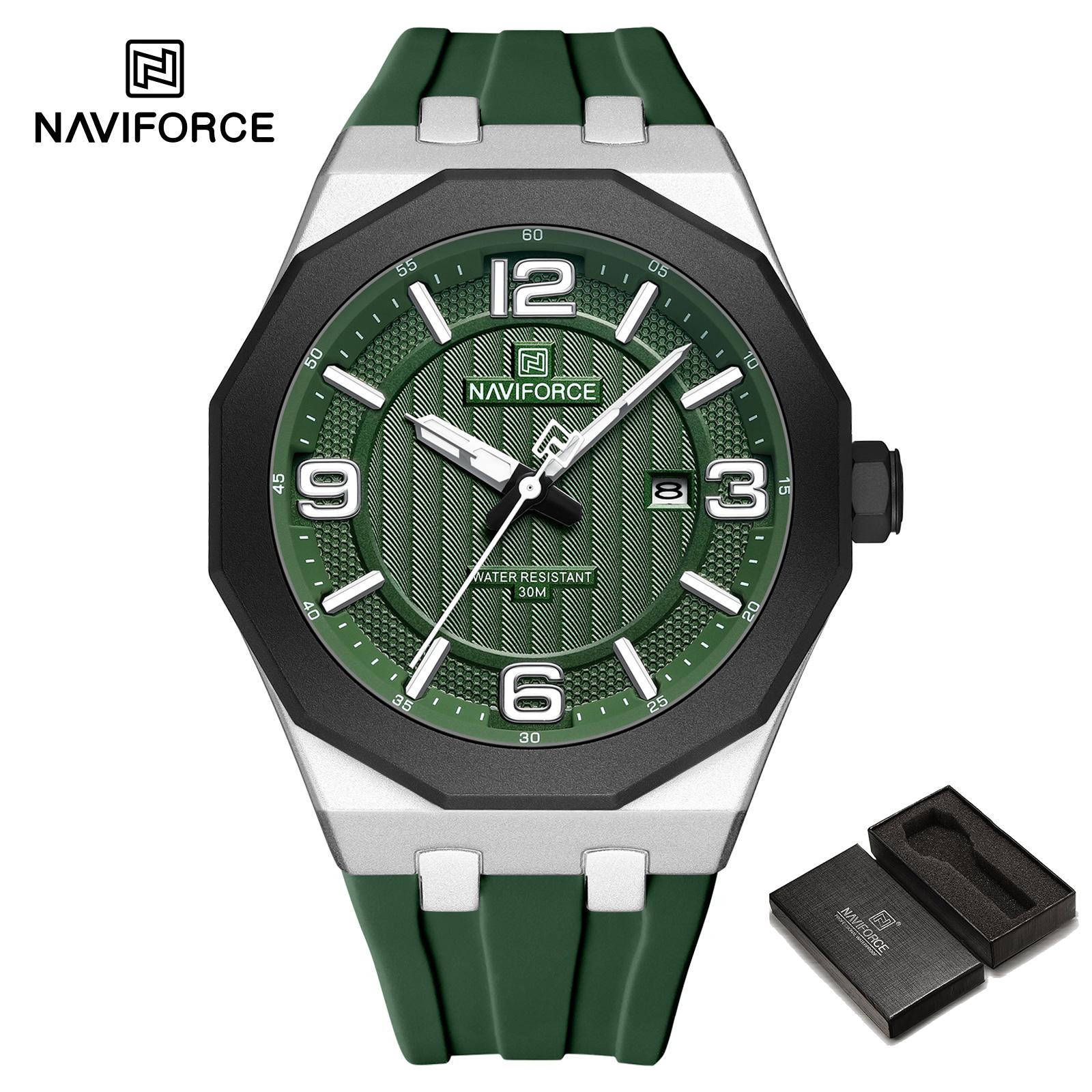 

NAVIFORCE Men s Fashion Quartz Watch Polygon Dial Luminous Hands Calendar Silicone Strap 30m Waterproof Casual Men s Boy s Watch NF8079 зелений