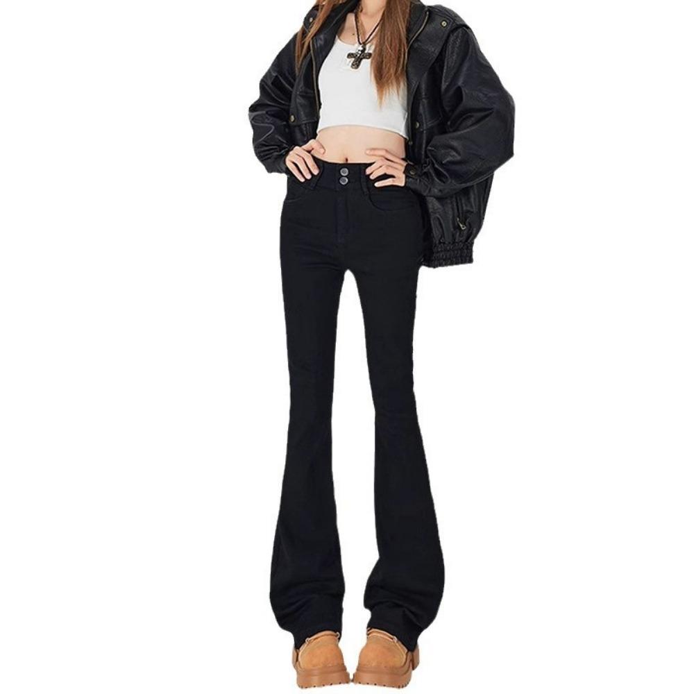 Personalized Versatile High-waisted Micro-pull Jeans Spring and Autumn New Double-buckle Thin Micro-flared Jeans