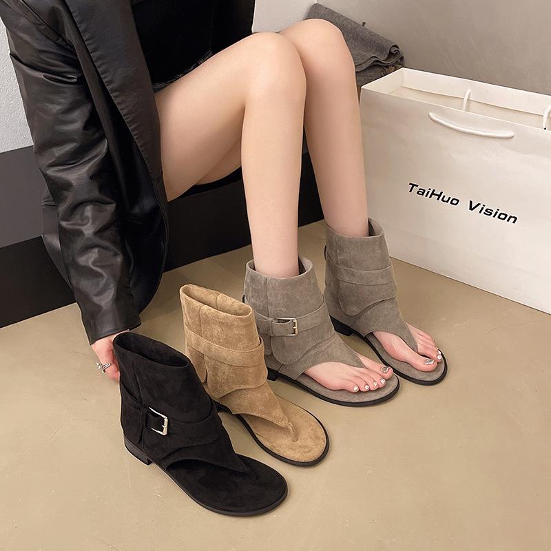 Internet celebrity niche blogger with personality toe breathable Roman shoes women's casual flip-flops flat short boots cool boots