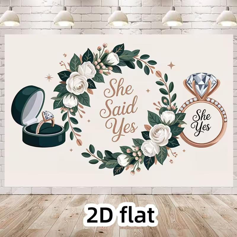 

2D Elegant Engagement Photography Backdrop, She Said Yes Diamond Ring and Floral Wreath Background 47.2x31.5inch/120*80cm