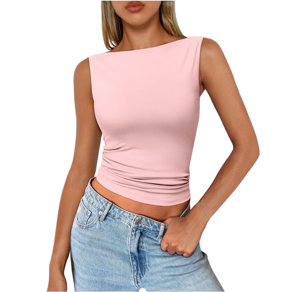 Women's Fashion Short Color Round Neck With Tight Sexy Tank Tops