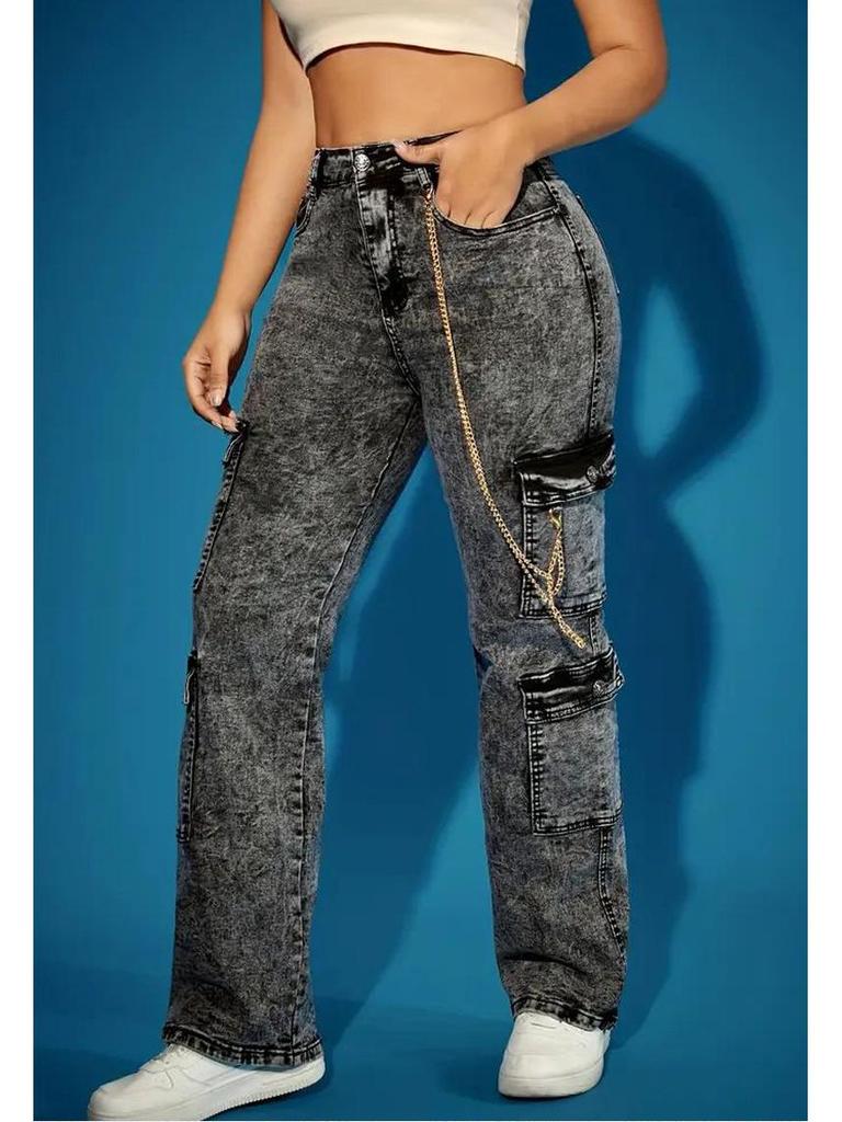 European & American Fashion Multi-Pocket High Elastic Denim Chain Work Pants