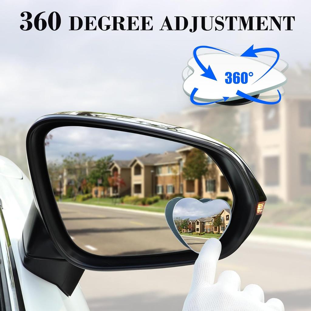 LivTee Blind Spot Mirrors, Heart Shaped HD Glass Frameless Convex Rear View Mirrors, Wide Angle Adjustable Stick for Side Mirror, Automotive Exterior