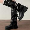 Designer Nitter Dame Bukseben Høye Støvletter Mote Punk Stil Sko Høst Vinter Tykk Hæl Damer Ridestøvletter Lange Støvletter