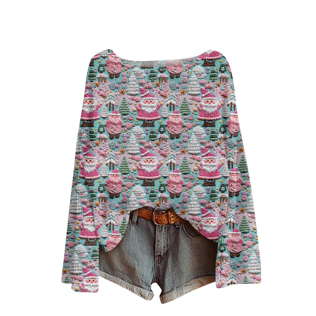 Ladies' Fashionable Casual Long Sleeved Christmas Printed Round Neck Knitted Yarn