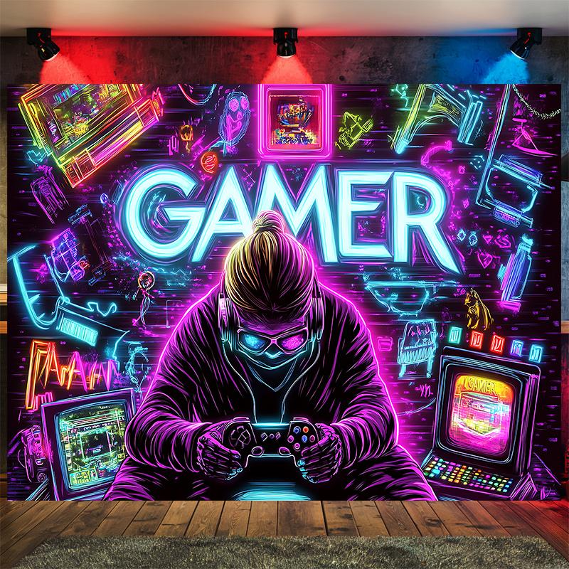 VIKAMA Trendy Gamer Tapestry Neon Esports Player Mural Living Room Feature Wall Gaming Decor Street Style Music Party