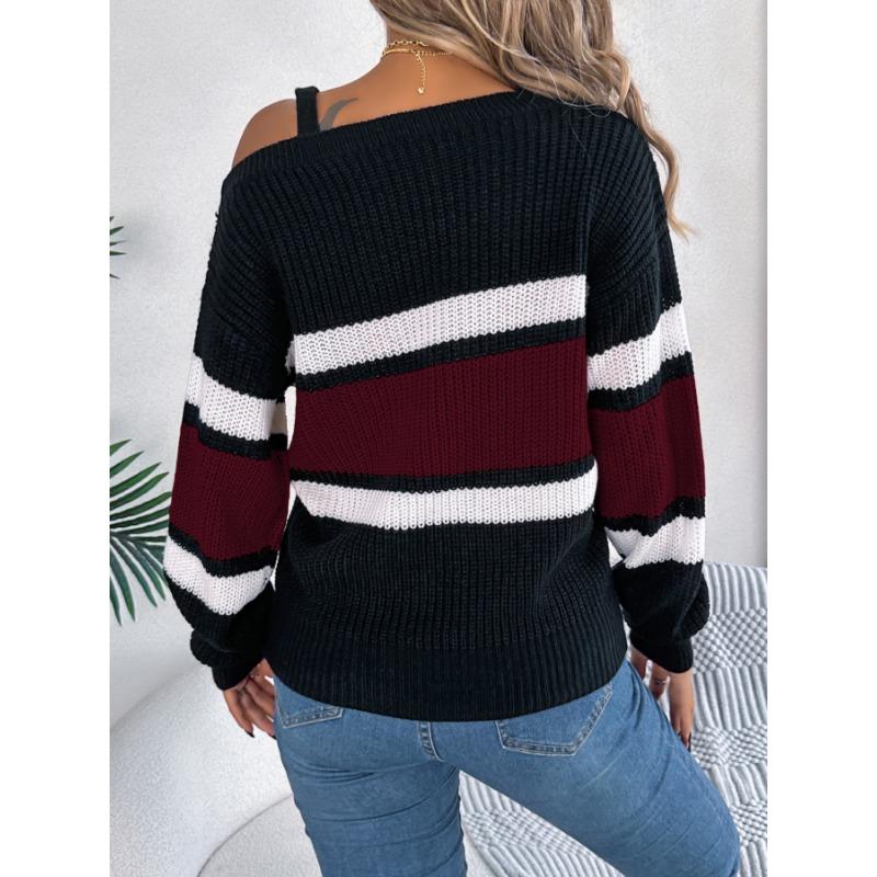 Casual Autumn Winter Color Block Striped Off Shoulder Lantern Sleeve Pullover Sweater For Women