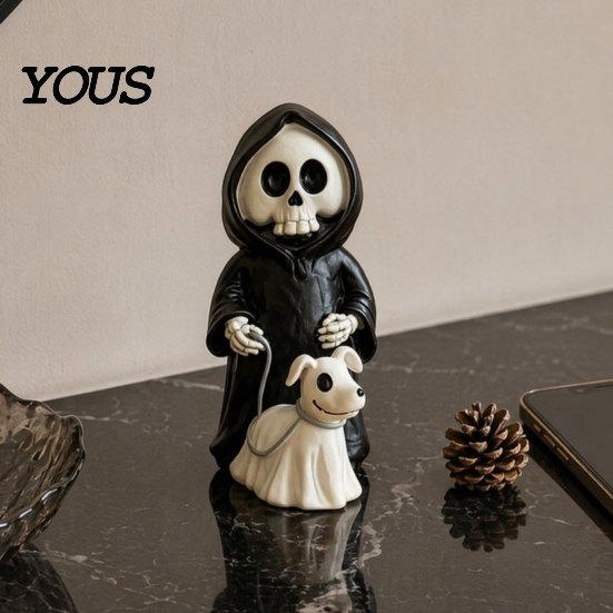 3D Carved Skeleton Decoration Grim Reaper & Ghostly Puppy Resin Figurine, Black Robed with Cute Mini Halloween Figurine 13cm Ghost Dog