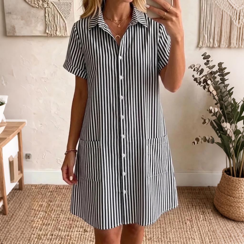 Women's Loose Fit Plus Size Striped Short Sleeve Shirt Dress Casual Mid Length Button Down Dress with Pockets Summer Style
