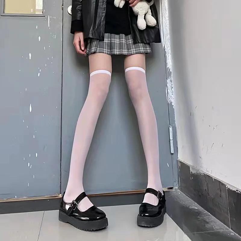 Sexy červený lem Nové nadkolenní dlouhé ponožky Gotické krajkové průhledné punčochy přes stehna Dámské Punkové JK Tenké hedvábné jednobarevné punčochové zboží