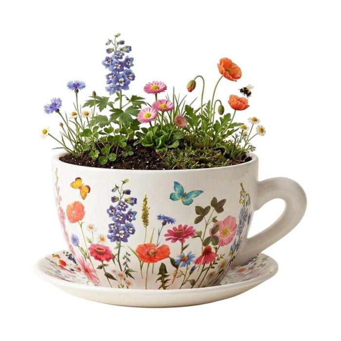 Vase - EDEN - En forme de tasse - Céramique - Motif floral coloré - 15 x 20 cm