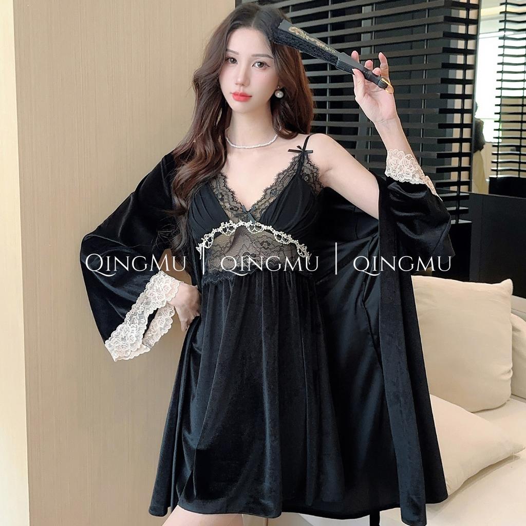 Autumn and winter suspender nightgown two-piece set sexy with chest pad golden velvet pajamas women's private sex loungewear autumn