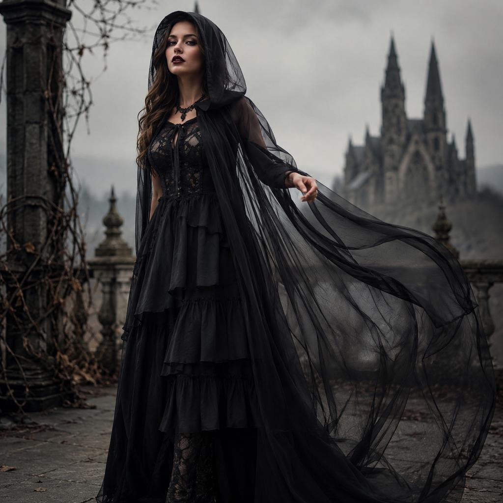 Halloween Kapuzenumhang aus Netzstoff Hexenkostüm Umhang für Damen und Herren