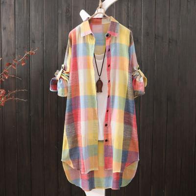 Chemise à carreaux pour femmes, imprimé contrasté, ourlet irrégulier, simple boutonnage, manches longues, revers, surdimensionné, doux, haut respirant