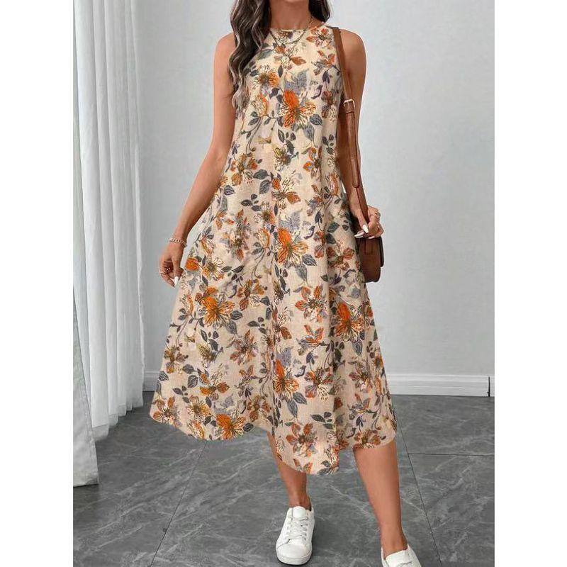 

European and American Fashion Slim Looking Summer New round Neck Sleeveless Printed Dress Vacation Style Beach Dress Earthy yellow S