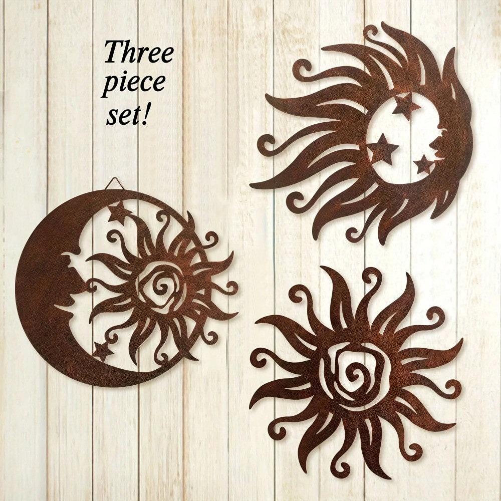Wrought Iron Sun Wall Art 3 Pieces, Silhouette Sunburst Sculpture, Metal Hanging Decor for Living Room Bedroom