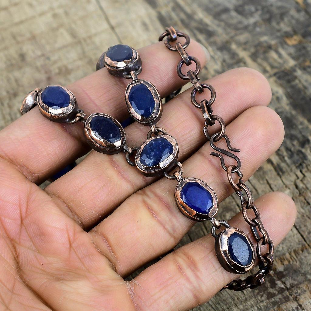 Facettierte blauer Saphir Halskette elektrogeformte Kupfer Halskette Edelstein Schmuck verstellbare Kettenhalskette handgefertigter Kupferschmuck Geschenk für sie