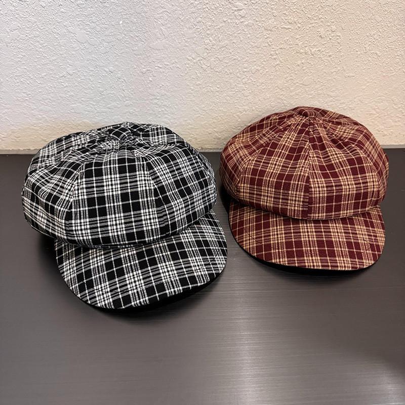 Retro Checkered Eight Sided Beret Hat For Women With Sunshade And Airflow For Casual Daily Wear