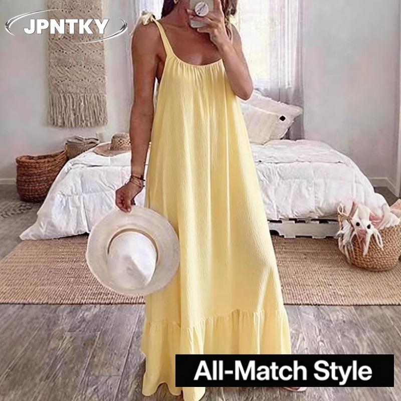 JPNTKY Fashion Summer Spring Solid Color Print Sleeveless Casual Dresses