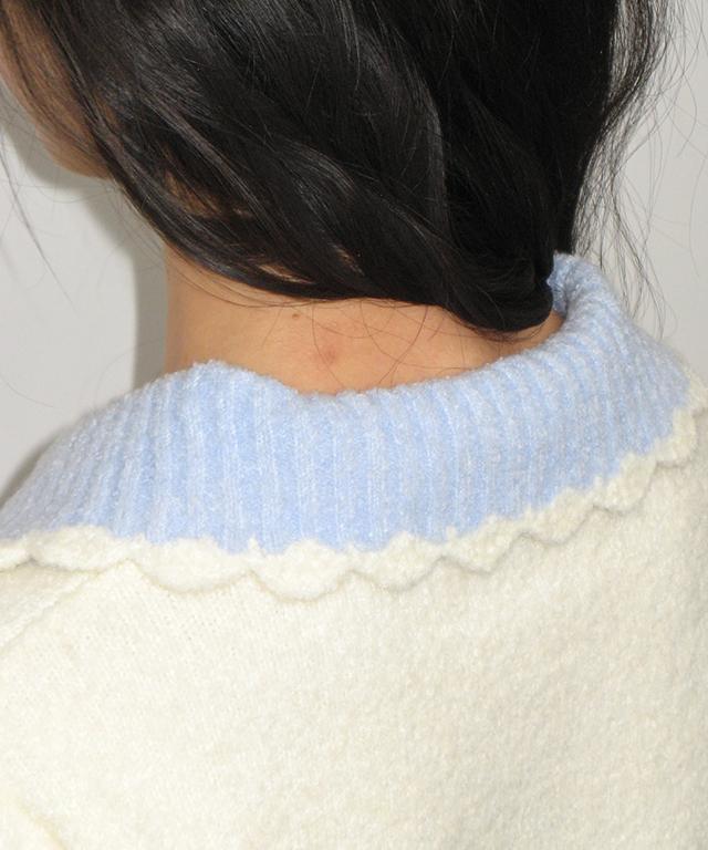 RONRON Handmade Collar Short Sleeve Knit Ivory Blue