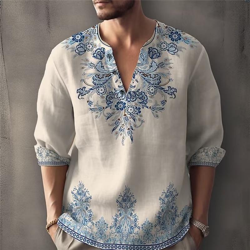 Modische 3D-Druckhemden für Herren Frühling Herbst Langarm V-Ausschnitt Pullover Tops Vintage Casual Herren Strandhemd Streetwear