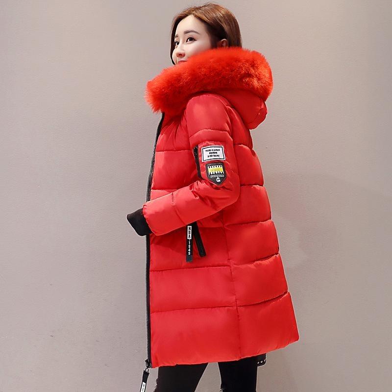 Women's Autumn Winter Fashion Casual Cotton Jacket Fur Collar Warm Thick Overcoat Slimming Long Hooded Parka Coats