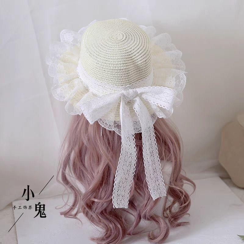 Sweet and Cute Mori Soft Girl Lace Bow Hat Lolita Travel Sunscreen Streamer Woven Parent-child Hat