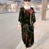 Spring Autumn Women's Gold Velvet Dress Round Neck Printed Plus Size Dress Long Floral Dresses