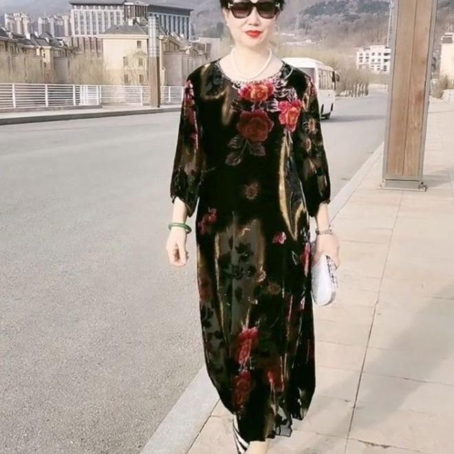 Spring Autumn Women's Gold Velvet Dress Round Neck Printed Plus Size Dress Long Floral Dresses