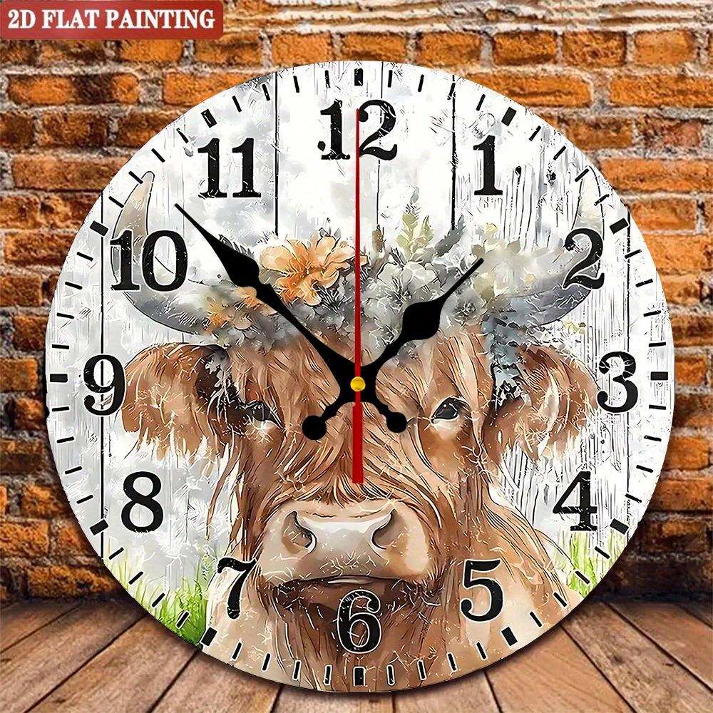 Scottish Highland Cow Wall Clock. Floral Wooden Design for Living Room or Kitchen. A Rustic Gift.