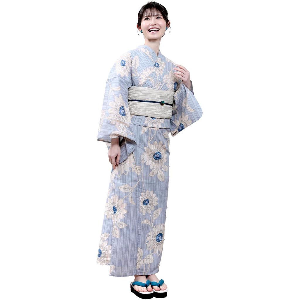 Kyoto Kimono Yuzen Yukata and Obi Set Floral Print Summer Kimono Blue Women's (2-Piece Set) (Light Sunflower)
