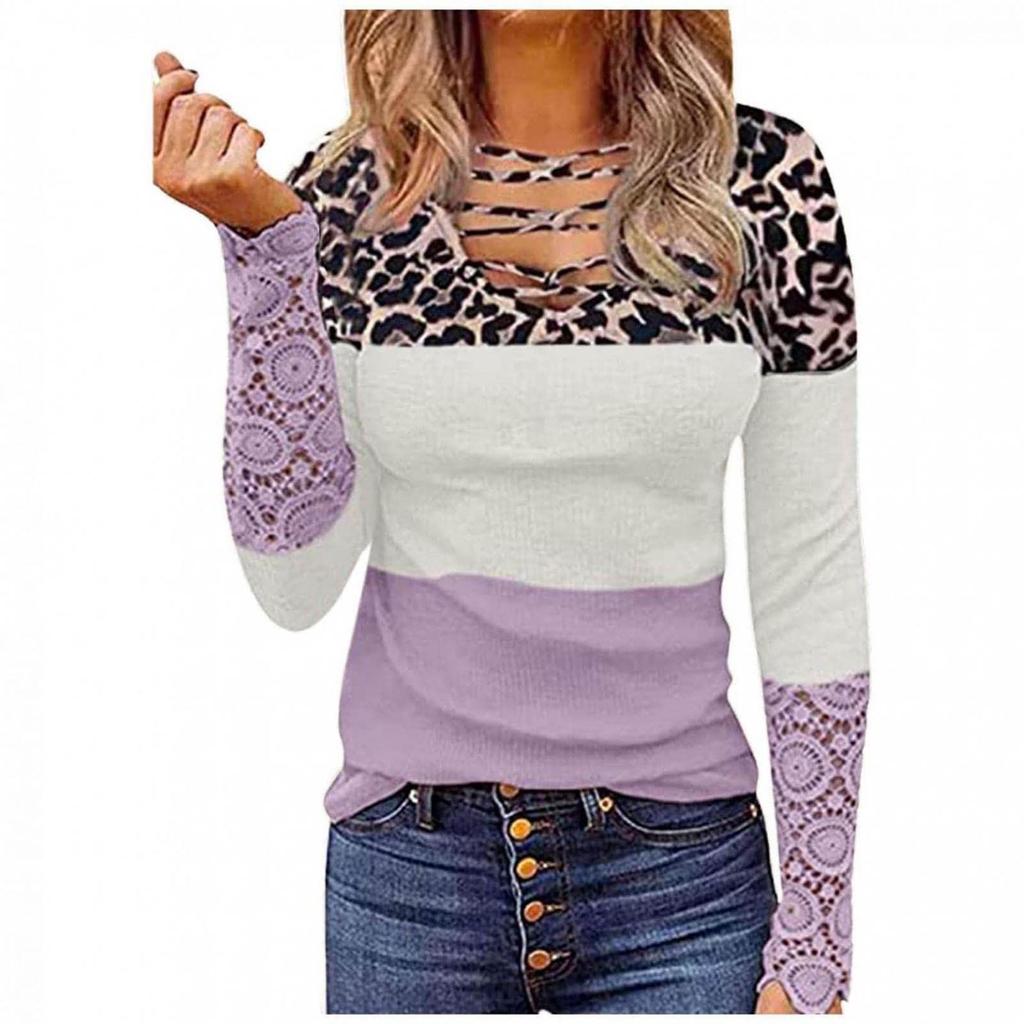 Slim Knit Fall New Women'S  Lace Long Sleeve V-Neck Printed Women'S T-Shirt